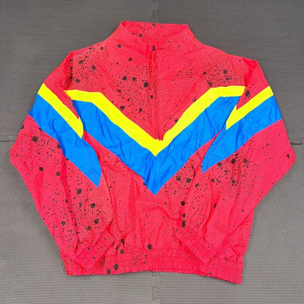 Vintage Red Windbreaker Jacket With Colorful Chevron Design In Blue & Yellow Spl